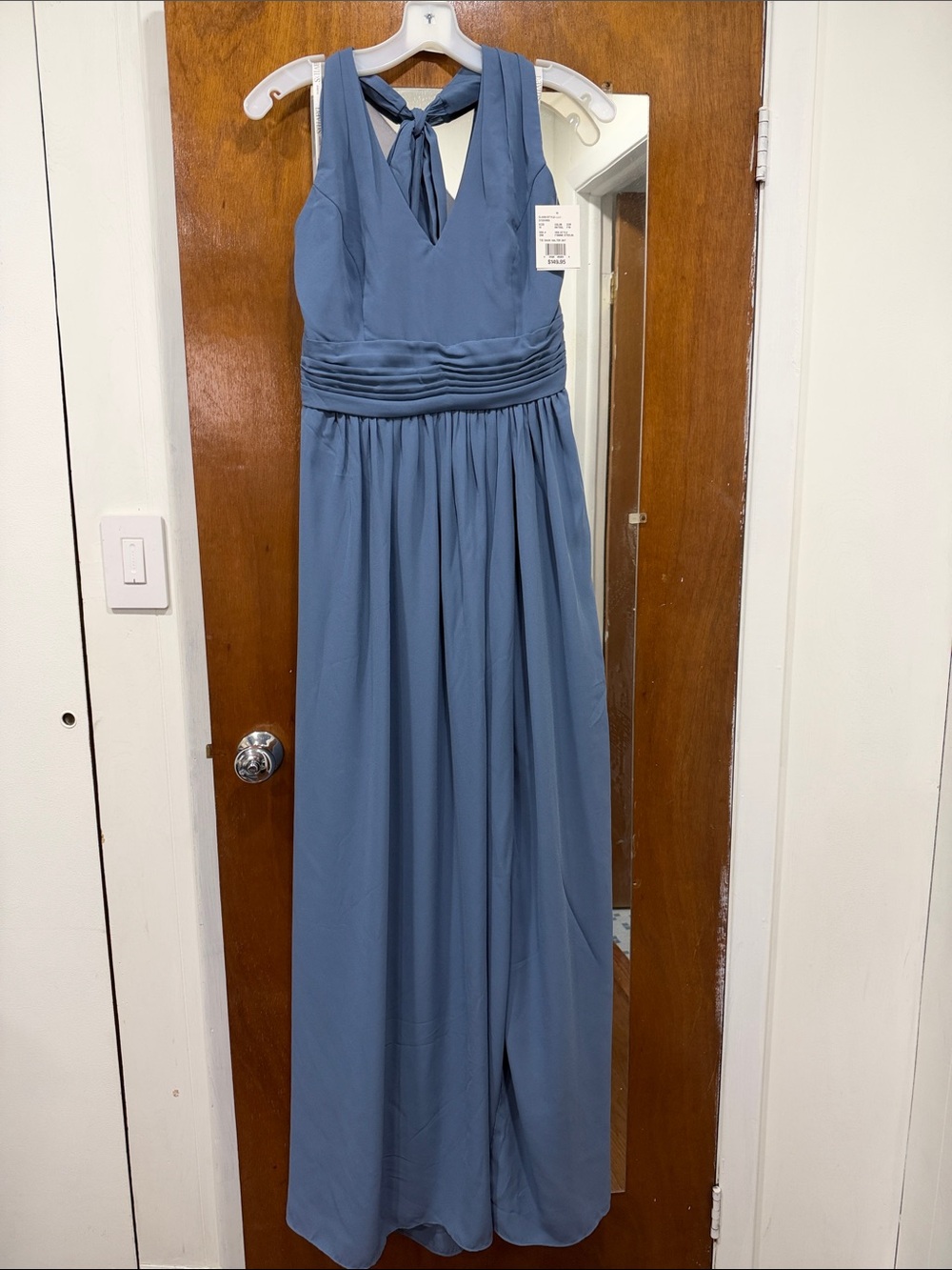 David's Bridal Slate Blue V-Neck Maxi Dress with Tie Back